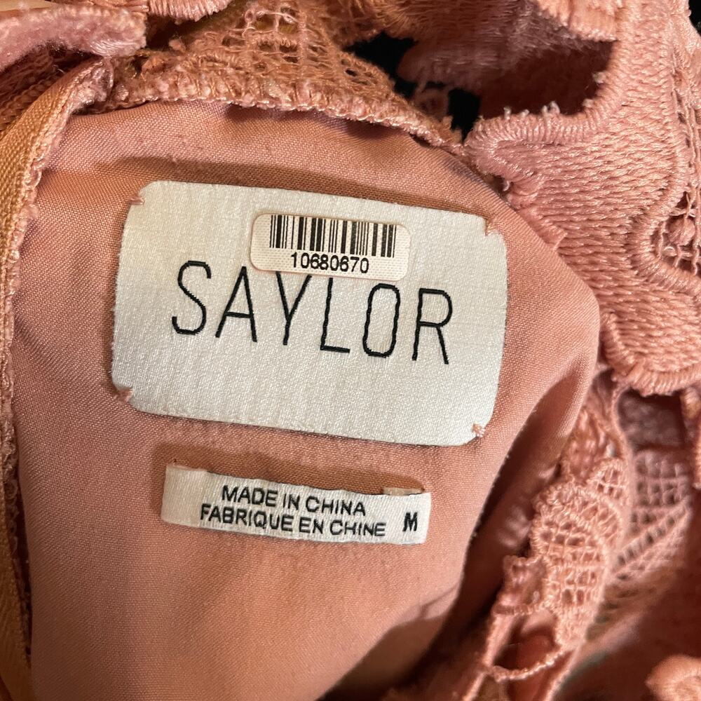 Saylor x Revolve Leondra Dress Lace Peachy Pink Long Sleeve Mini Sheer Scallop M - Picture 6 of 7